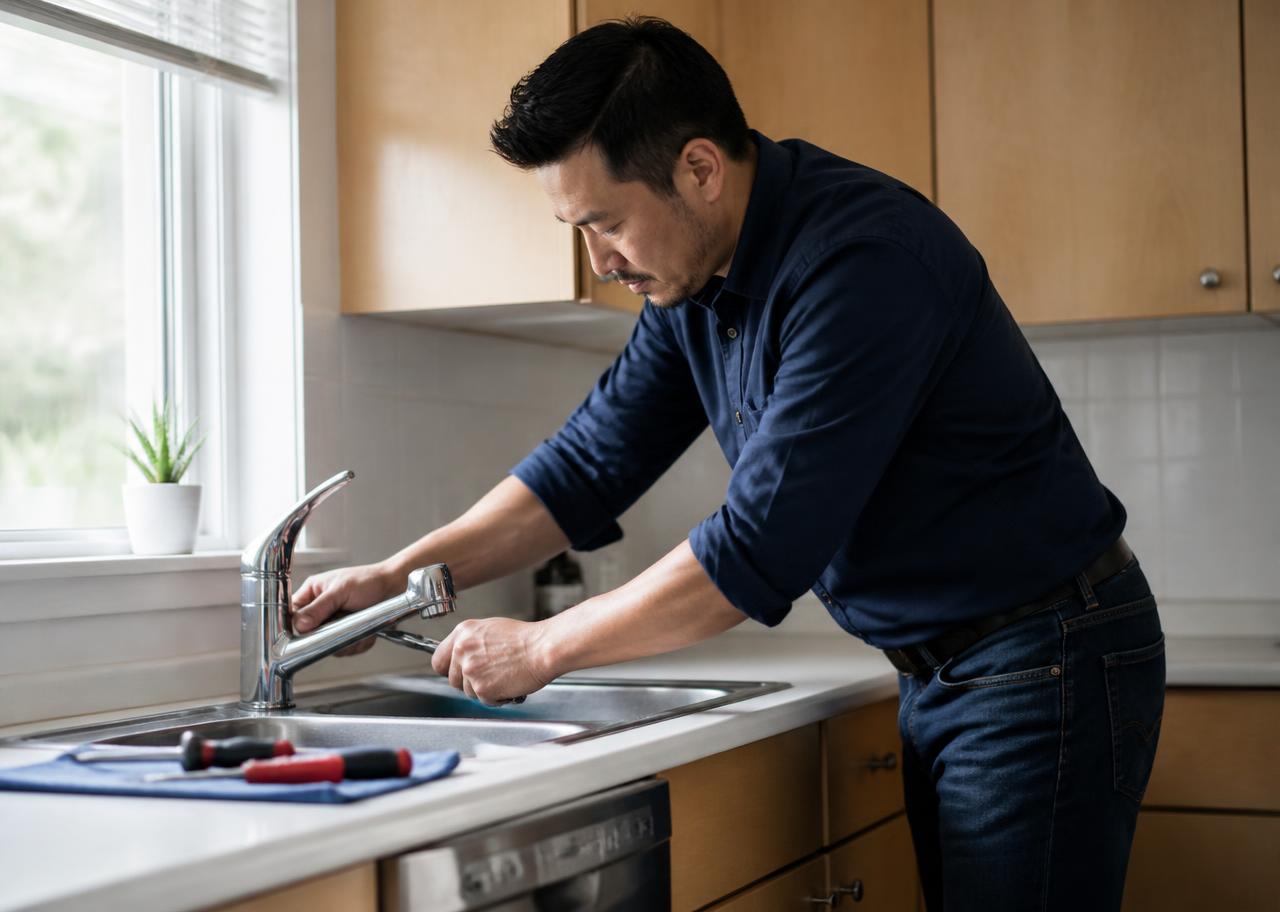 Maintenance technician repairing a wall inside a managed rental home
