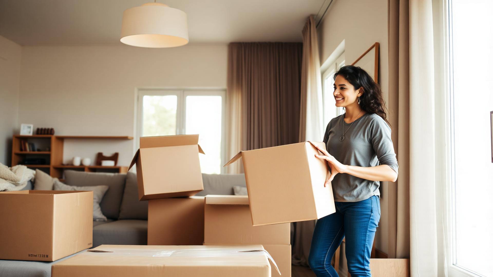 Family unpacking moving boxes in a bright new rental home